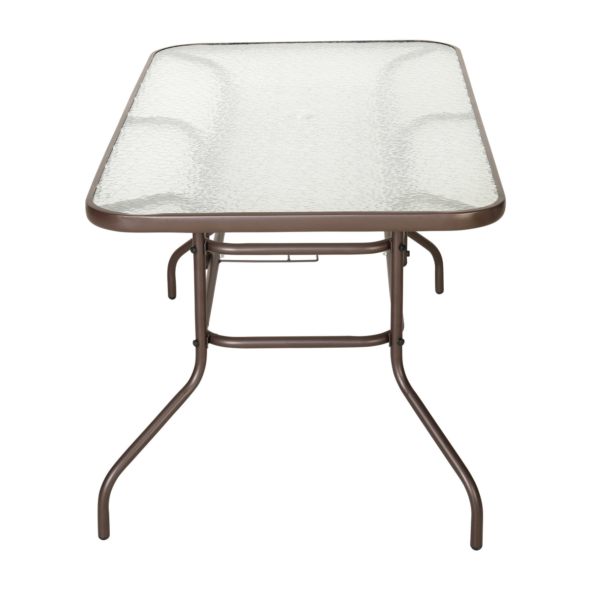 Clear Top/Bronze Frame |#| 31.5" x 55" Rectangular Tempered Glass Metal Table with Umbrella Hole - Bronze