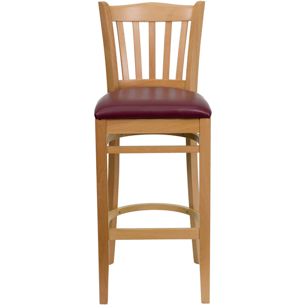 Burgundy Vinyl Seat/Natural Wood Frame |#| Vertical Slat Back Natural Wood Restaurant Barstool - Burgundy Vinyl Seat