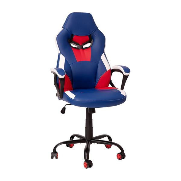 Faux Leather Upholstered Gaming Chair with Padded Flip-Up Arms in Red and Blue