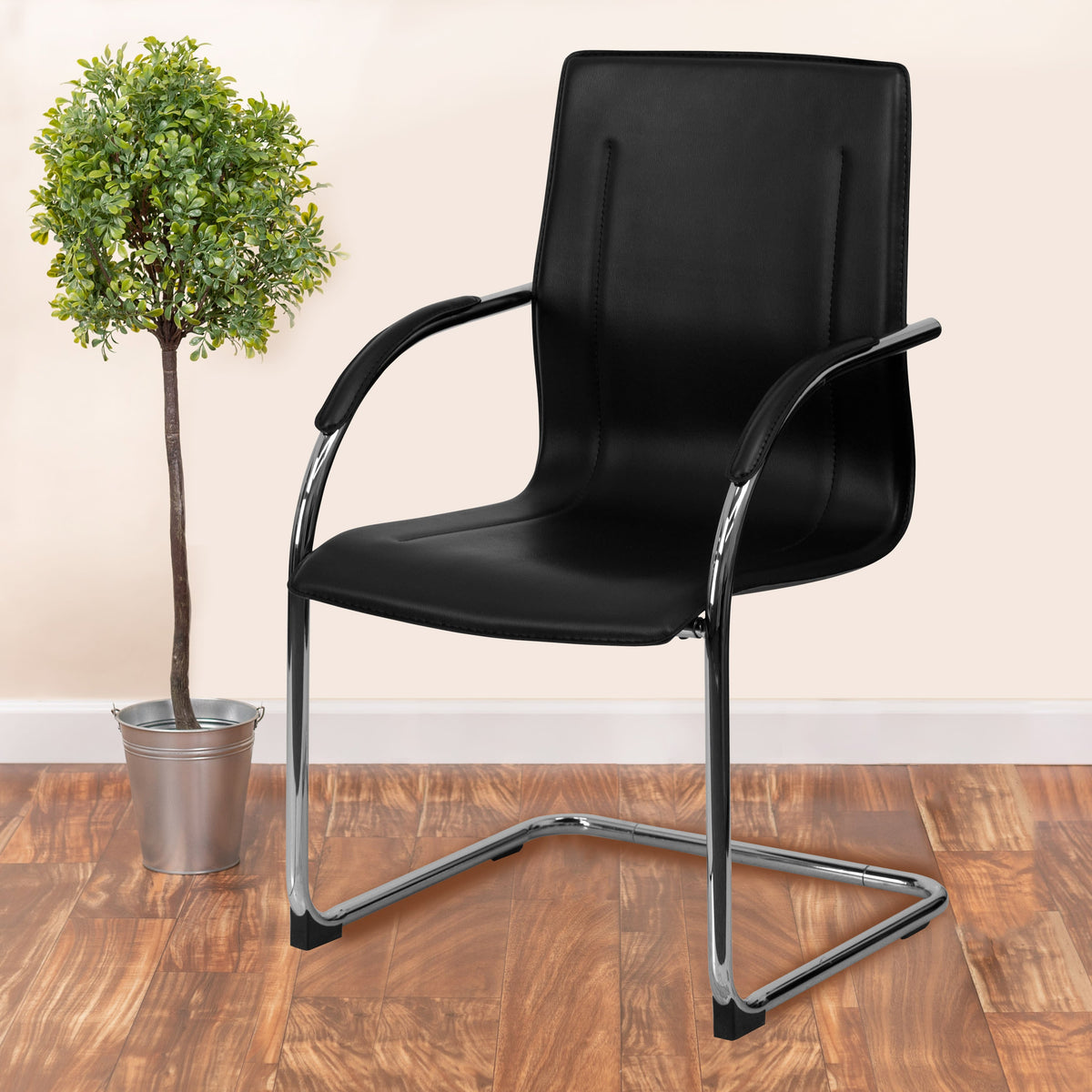 Black Vinyl Side Reception Chair with Chrome Sled Base - Lobby and Guest Seating