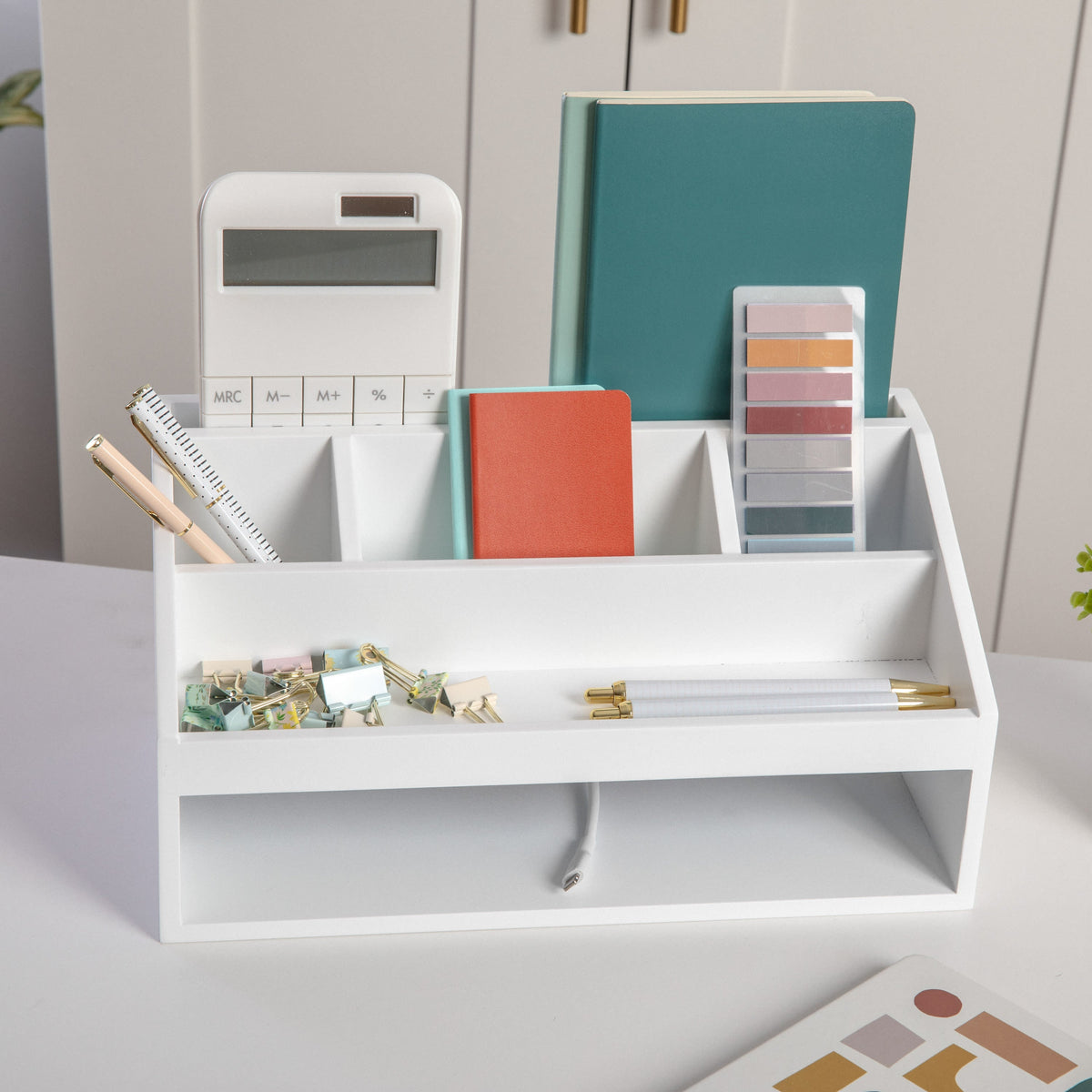 White |#| Premium Engineered Wood Home Office Desktop Organizer in White Finish