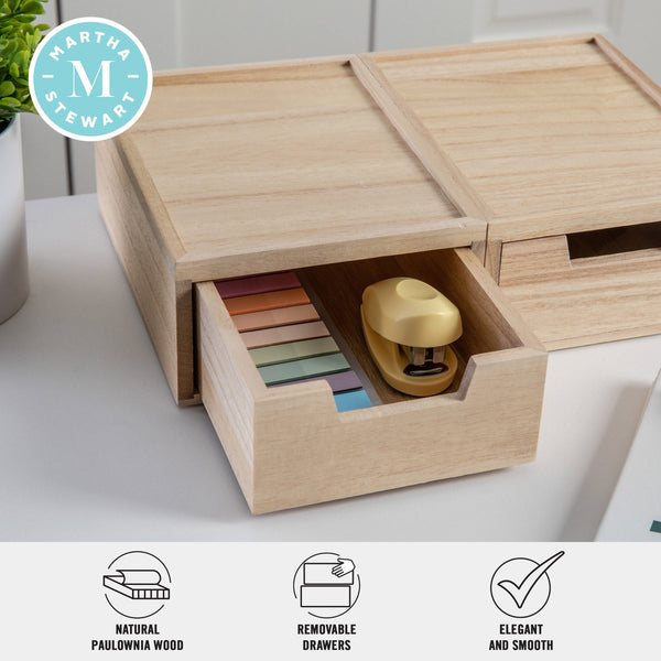 Light Natural |#| Set of 2 Paulownia Wood Storage Boxes with Pullout Drawers in Light Natural