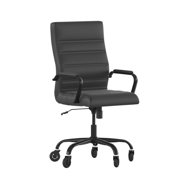 Black LeatherSoft/Black Frame |#| Executive Chair with Black Frame & Arms on Skate Wheels - Black LeatherSoft