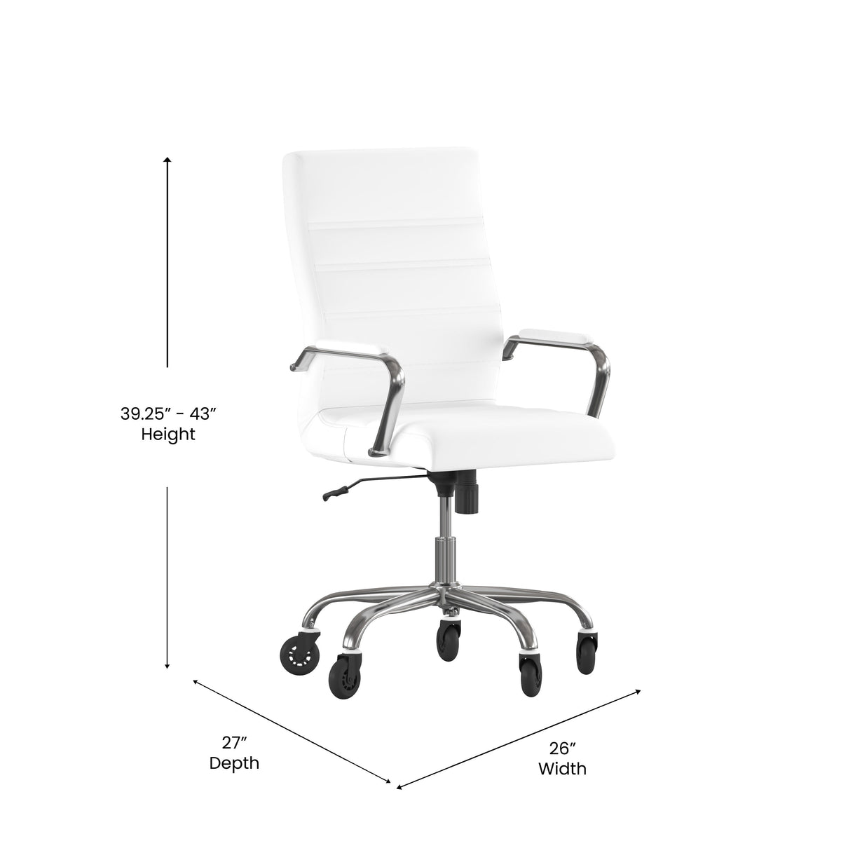 White LeatherSoft/Chrome Frame |#| Executive Chair with Chrome Frame & Arms on Skate Wheels - White LeatherSoft