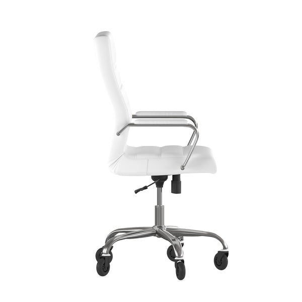 White LeatherSoft/Chrome Frame |#| Executive Chair with Chrome Frame & Arms on Skate Wheels - White LeatherSoft