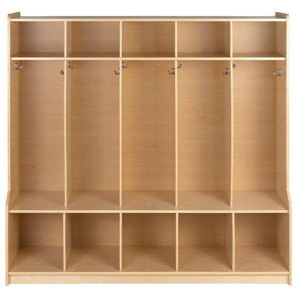 Wood 5 Section School Coat Locker with Bench, Cubbies and Storage Organizer Hook