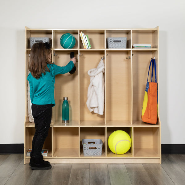 Wood 5 Section School Coat Locker with Bench, Cubbies and Storage Organizer Hook