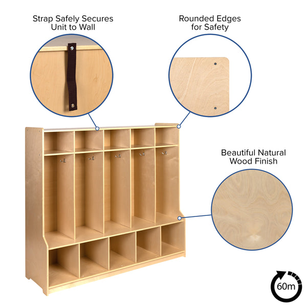 Wood 5 Section School Coat Locker with Bench, Cubbies and Storage Organizer Hook