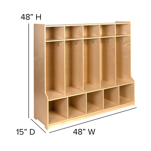 Wood 5 Section School Coat Locker with Bench, Cubbies and Storage Organizer Hook