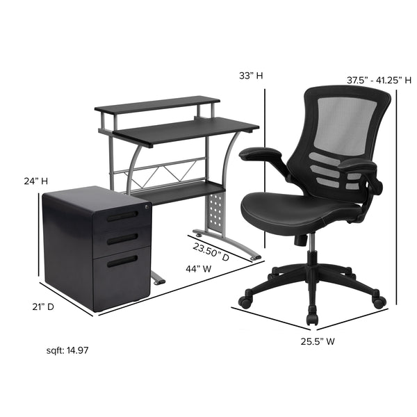 Office Set-Computer Desk, Ergonomic Mesh/LeatherSoft Office Chair, File Cabinet