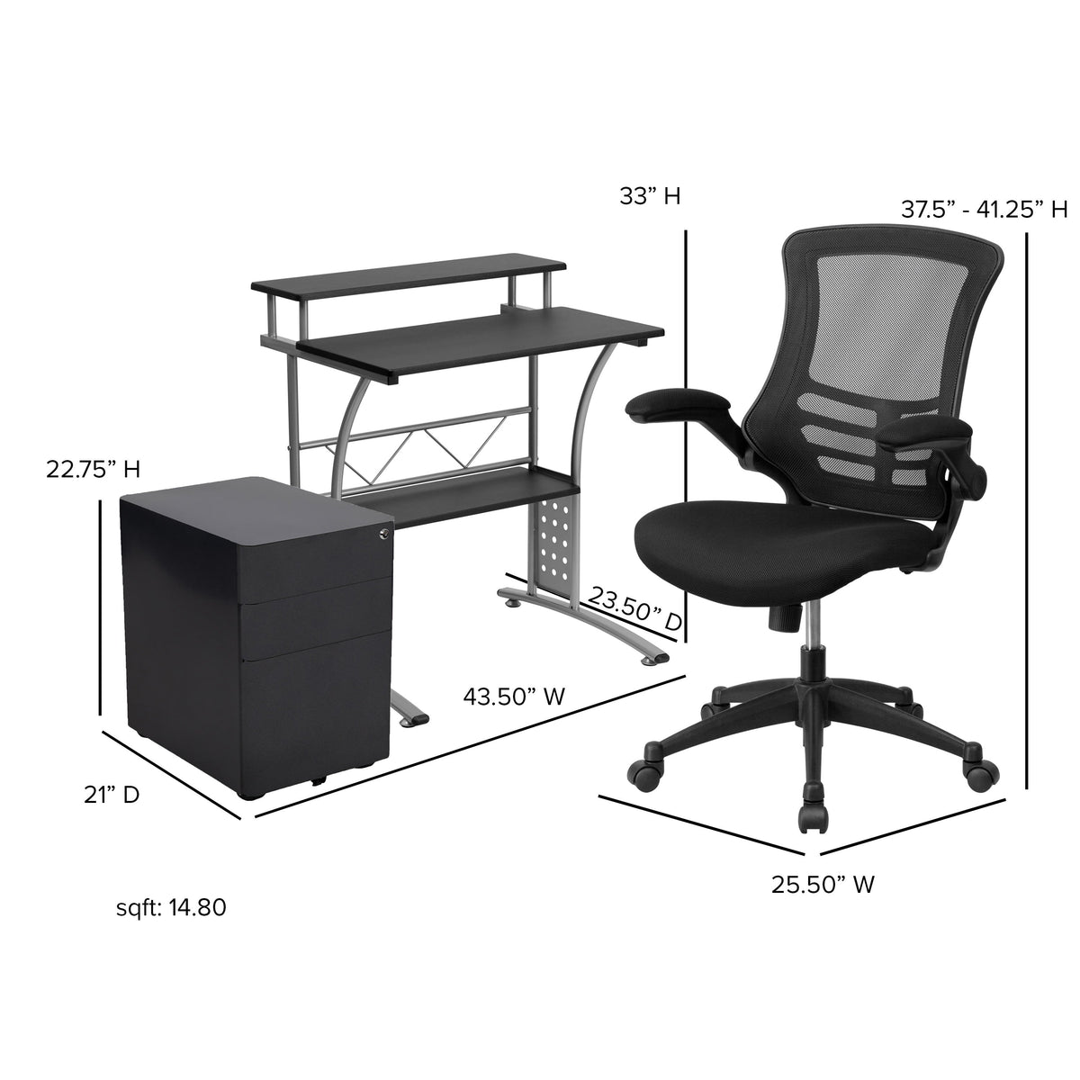 3PC Office Set-Computer Desk, Ergonomic Mesh Office Chair, Mobile Filing Cabinet