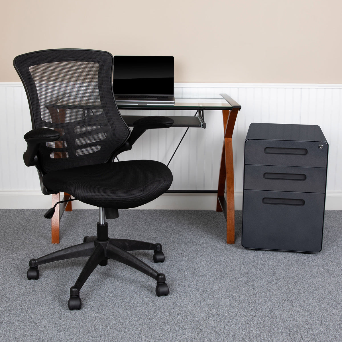 3PC Office Set-Glass Computer Desk, Ergonomic Mesh Office Chair, Filing Cabinet