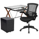 Office Set-Glass Computer Desk, Ergonomic Mesh Office Chair, Filing Cabinet
