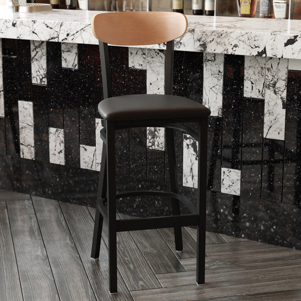 Natural Birch Wood Back/Black Vinyl Seat |#| Commercial Metal Barstool with Vinyl Seat and Wood Boomerang Back-Black/Natural