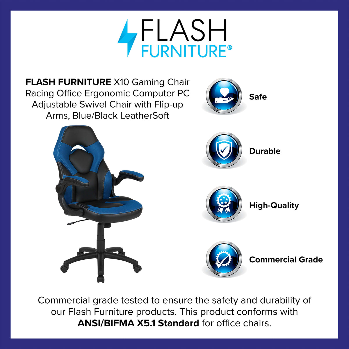 Blue |#| High Back Black/Blue Racing Style Ergonomic Gaming Chair with Flip-Up Arms