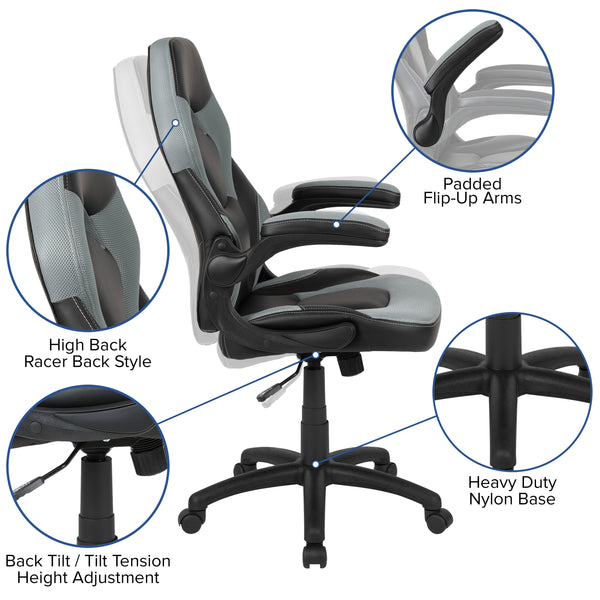 Gray |#| High Back Gray/Black Racing Style Ergonomic Gaming Chair with Flip-Up Arms