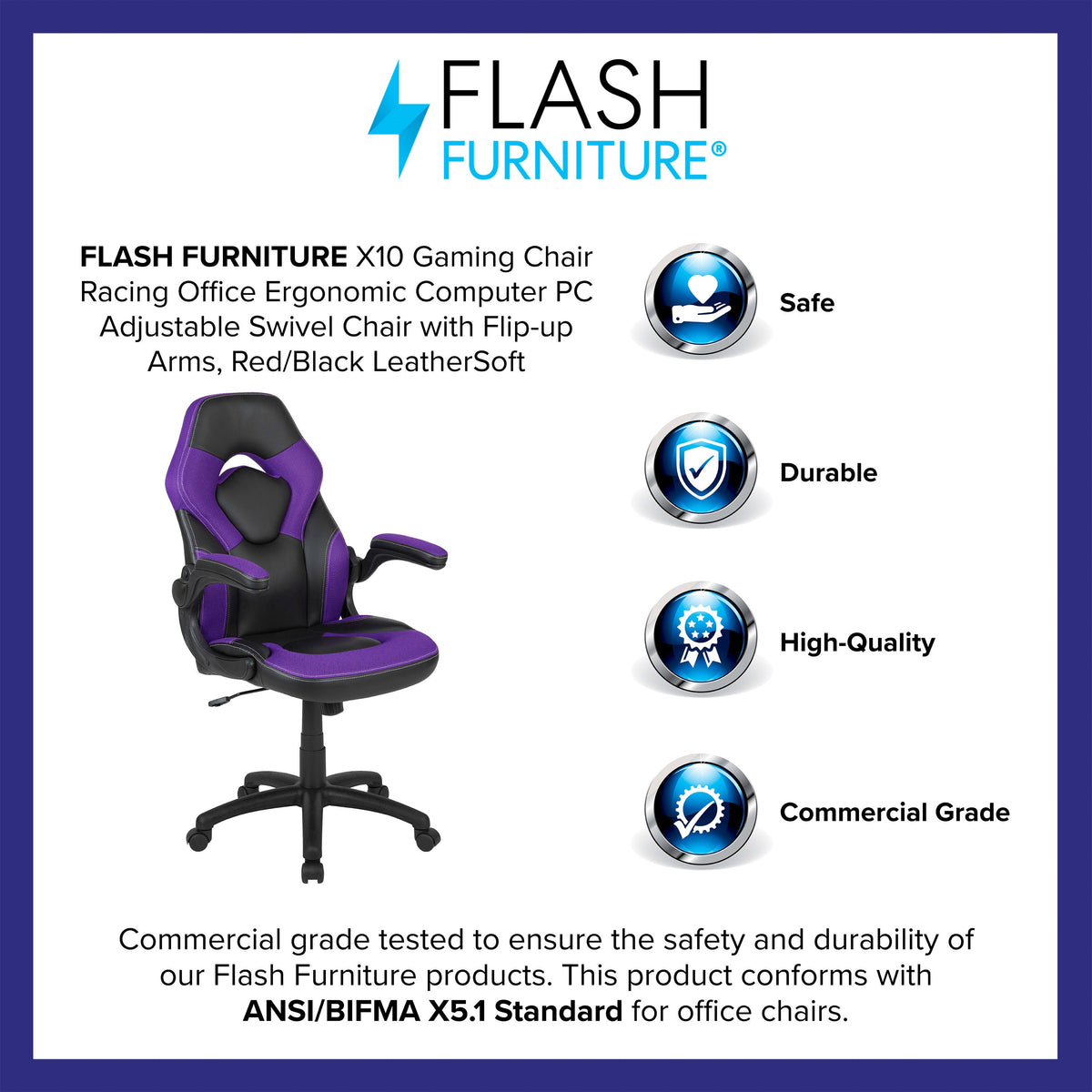 Purple |#| High Back Purple/Black Racing Style Ergonomic Gaming Chair with Flip-Up Arms