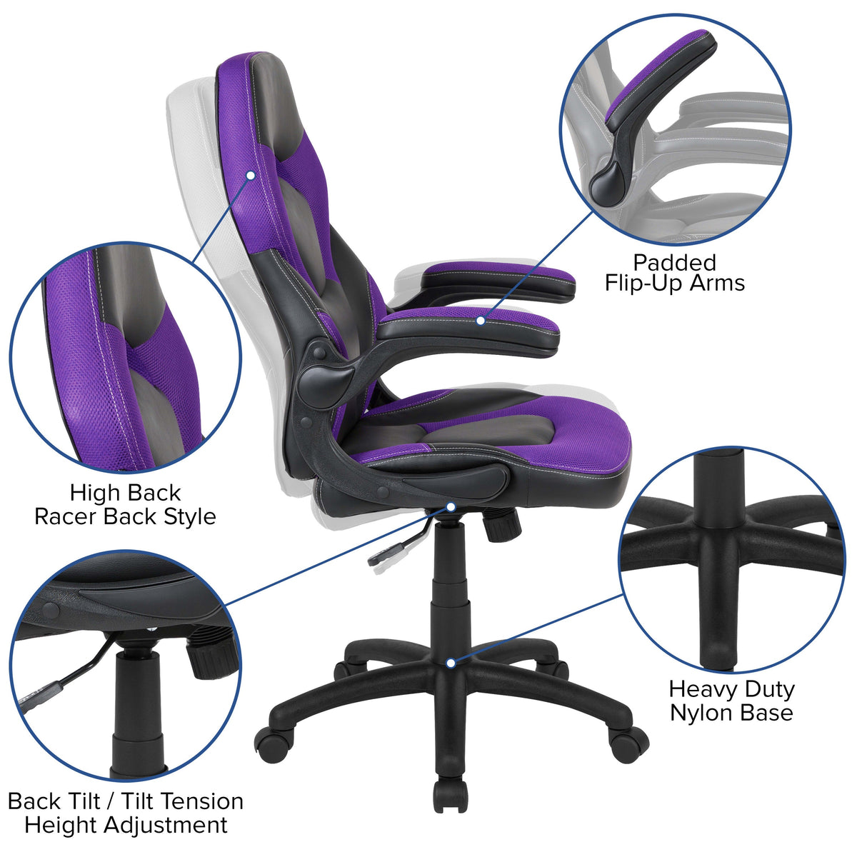 Purple |#| High Back Purple/Black Racing Style Ergonomic Gaming Chair with Flip-Up Arms