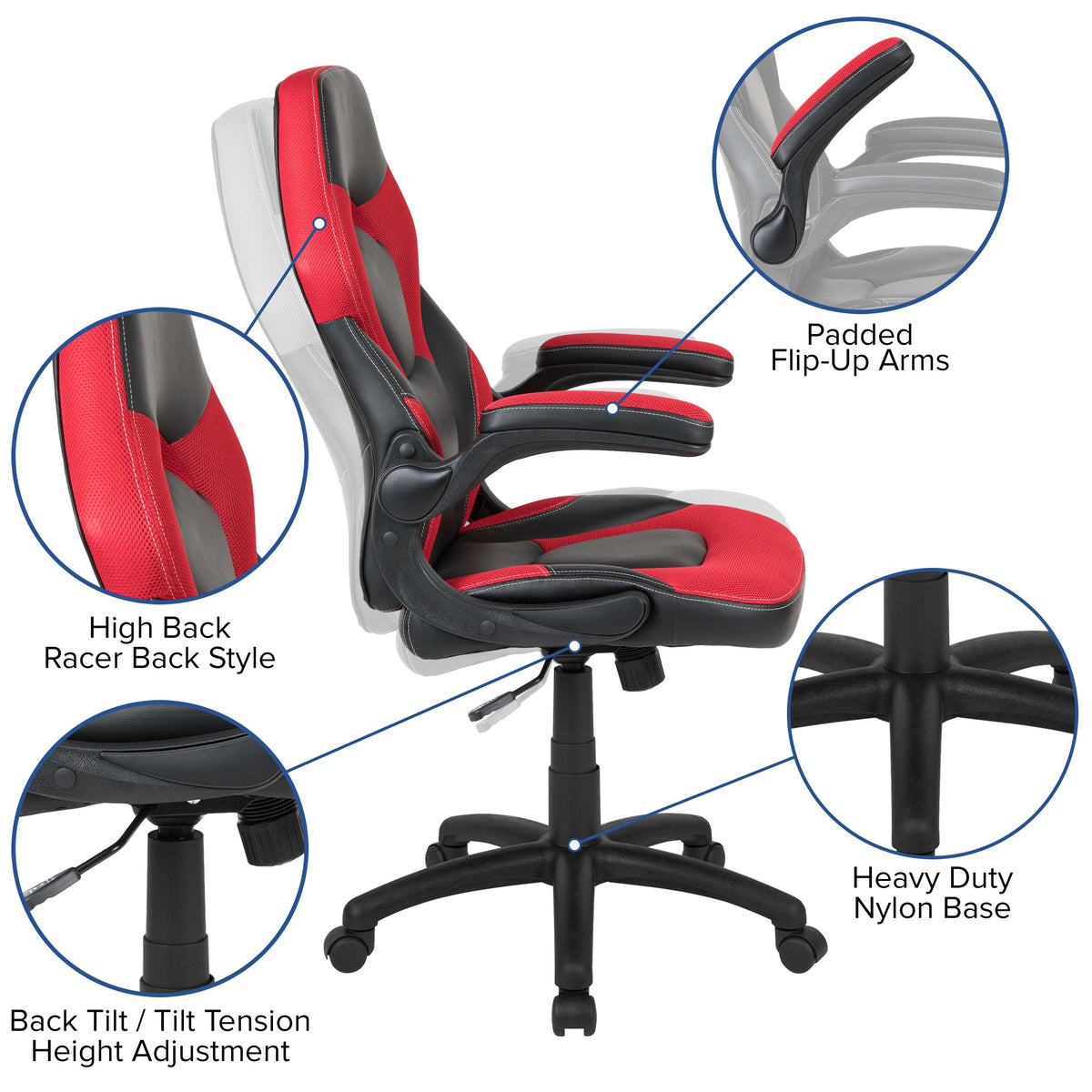 Red |#| High Back Red/Black Racing Style Ergonomic Gaming Chair with Flip-Up Arms