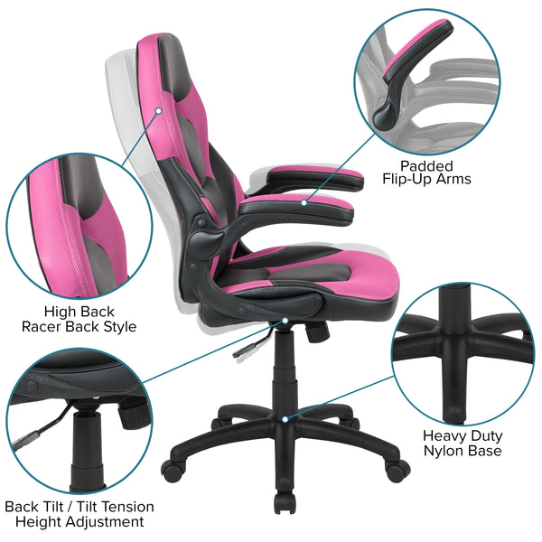 Pink |#| High Back Pink/Black Racing Style Ergonomic Gaming Chair with Flip-Up Arms