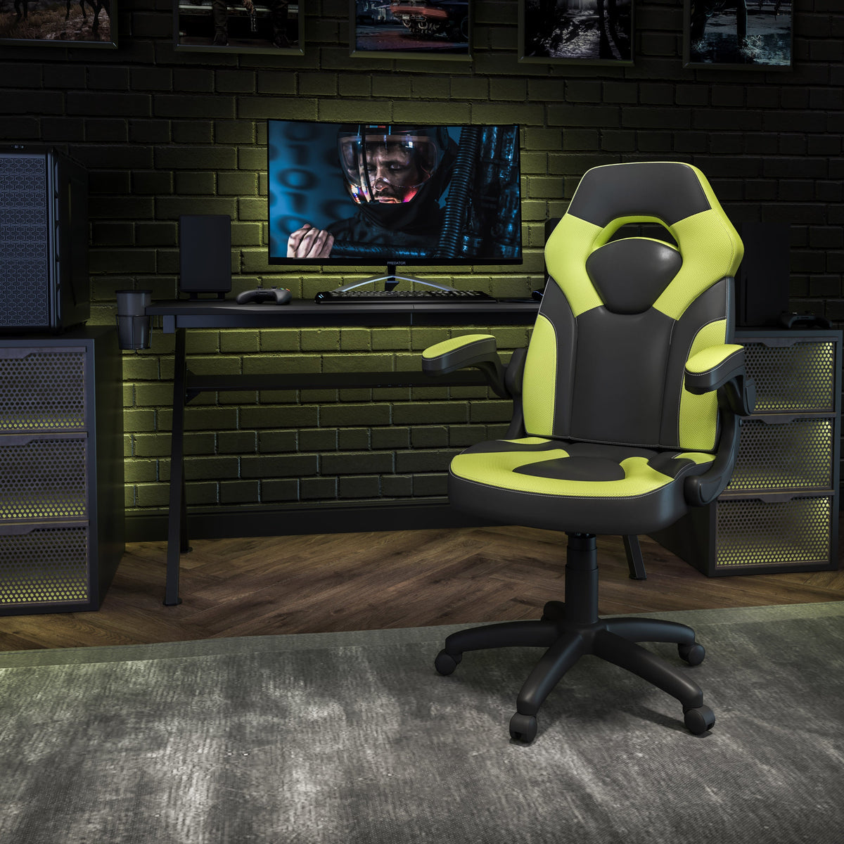 Neon Green |#| High Back Neon Green/Black Racing Style Ergonomic Gaming Chair with Flip-Up Arms