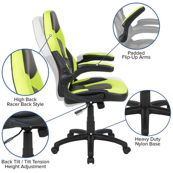 Neon Green |#| High Back Neon Green/Black Racing Style Ergonomic Gaming Chair with Flip-Up Arms