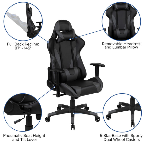 Gray |#| Racing Gaming Ergonomic Chair with Fully Reclining Back in Gray LeatherSoft