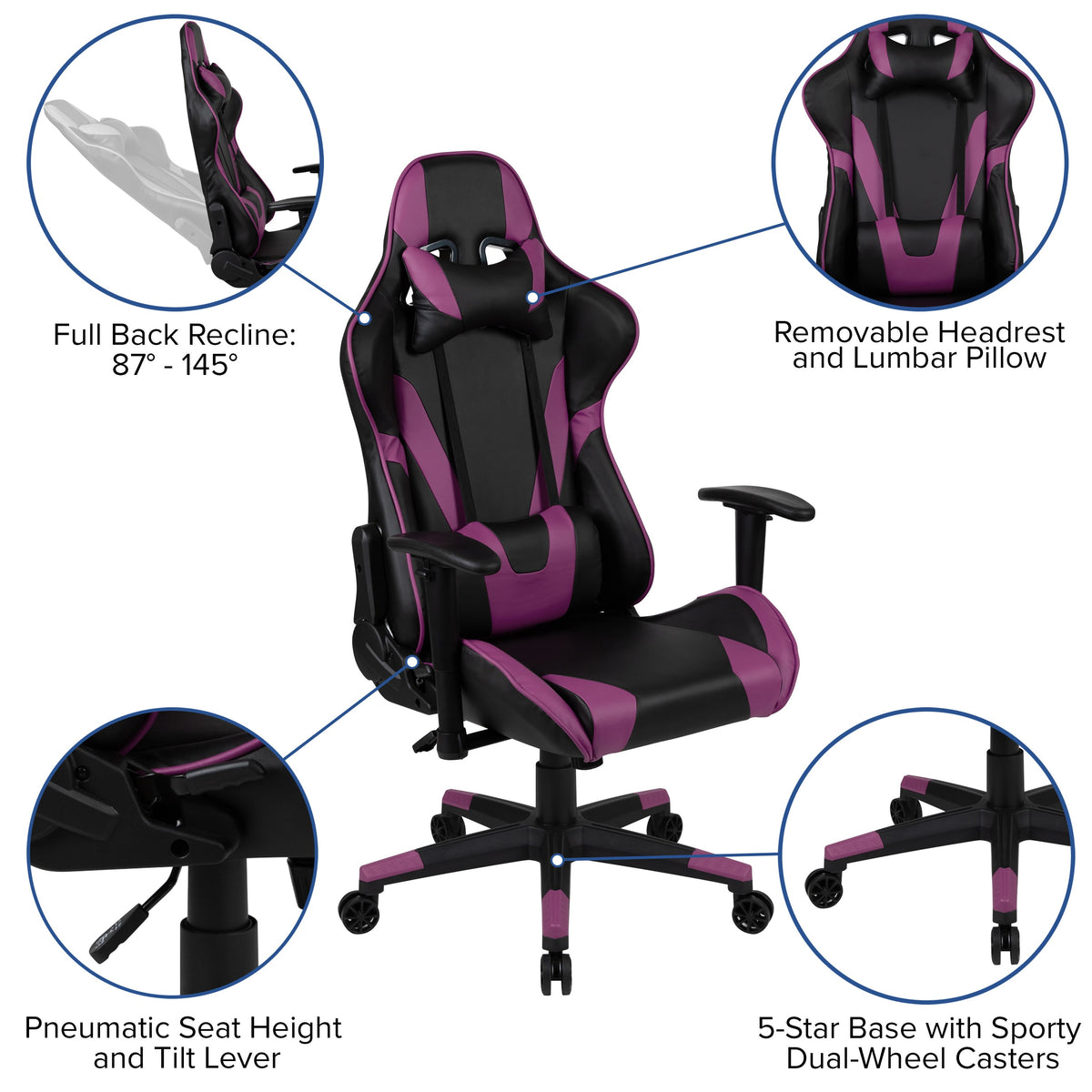 Purple |#| Racing Gaming Ergonomic Chair with Fully Reclining Back in Purple LeatherSoft