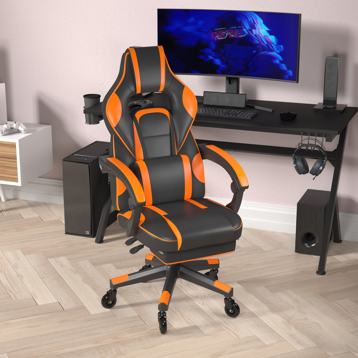 Black with Orange Trim |#| Office Gaming Chair with Skater Wheels & Reclining Arms - Orange LeatherSoft