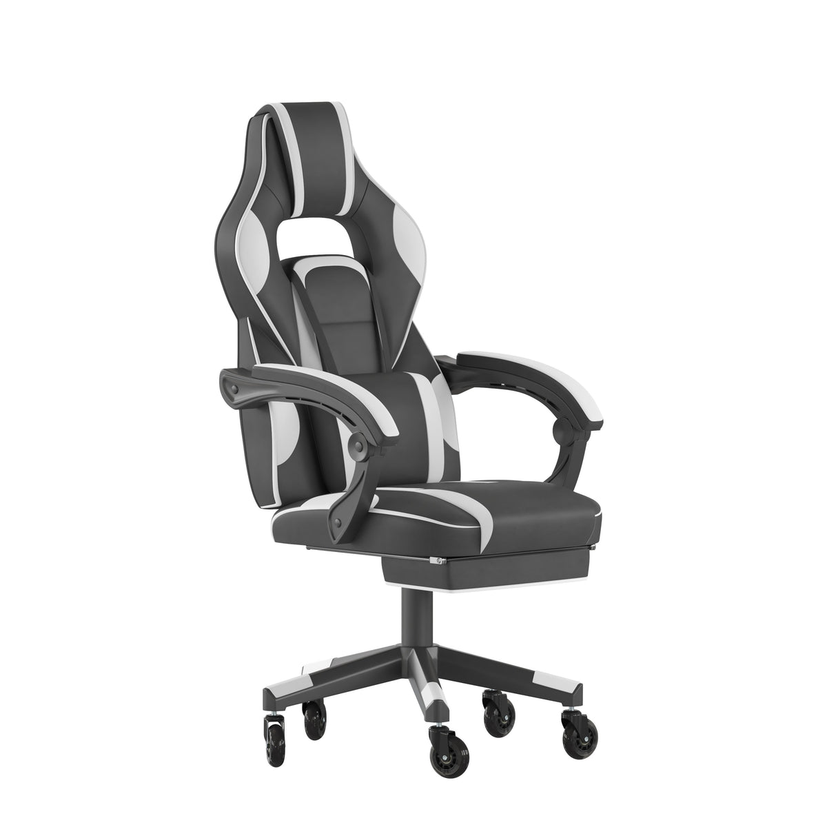 Black with White Trim |#| Office Gaming Chair with Skater Wheels & Reclining Arms - White LeatherSoft