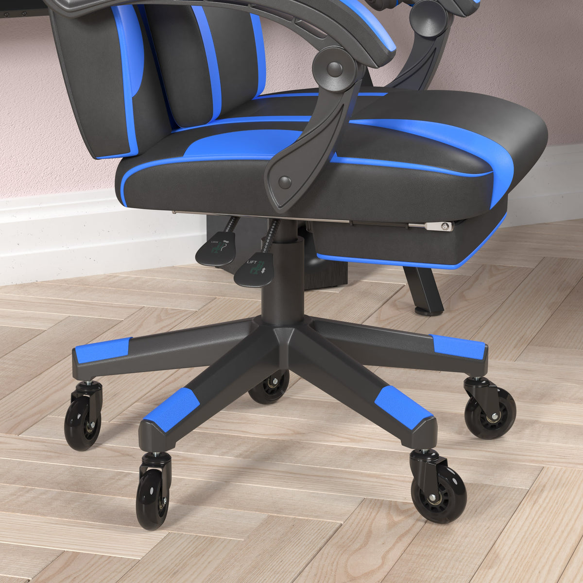 Black with Blue Trim |#| Office Gaming Chair with Skater Wheels & Reclining Arms - Blue LeatherSoft