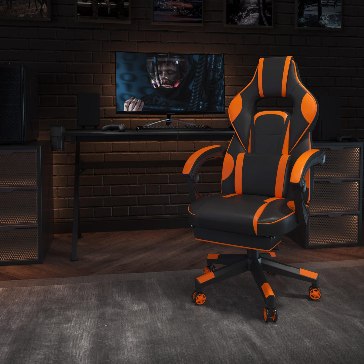 Black with Orange Trim |#| Black/Orange Ergonomic Gaming Chair-Recline Back/Arms-Footrest-Massaging Lumbar