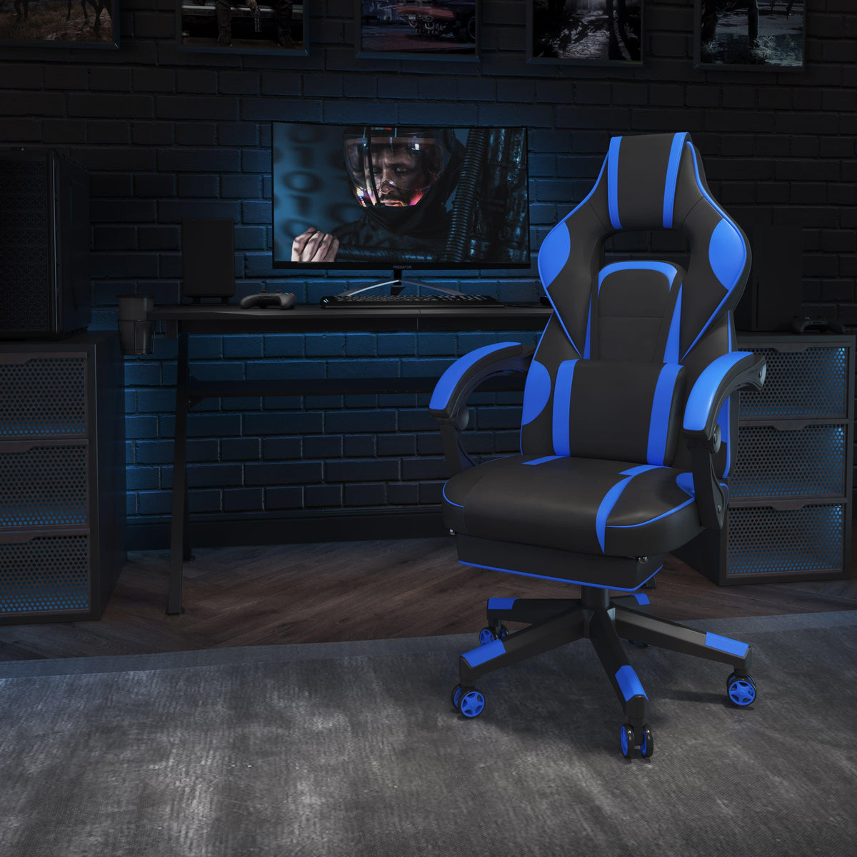 Black with Blue Trim |#| Black/Blue Ergonomic Gaming Chair -Recline Back/Arms, Footrest, Massaging Lumbar