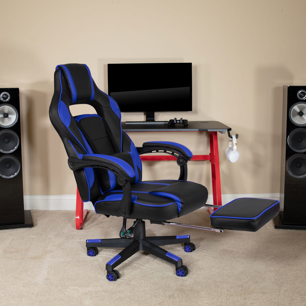 Black with Blue Trim |#| Black/Blue Ergonomic Gaming Chair -Recline Back/Arms, Footrest, Massaging Lumbar