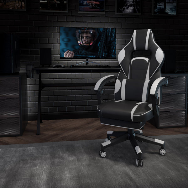 Black with White Trim |#| White Ergonomic Gaming Chair - Reclining Back/Arms, Footrest, Massaging Lumbar