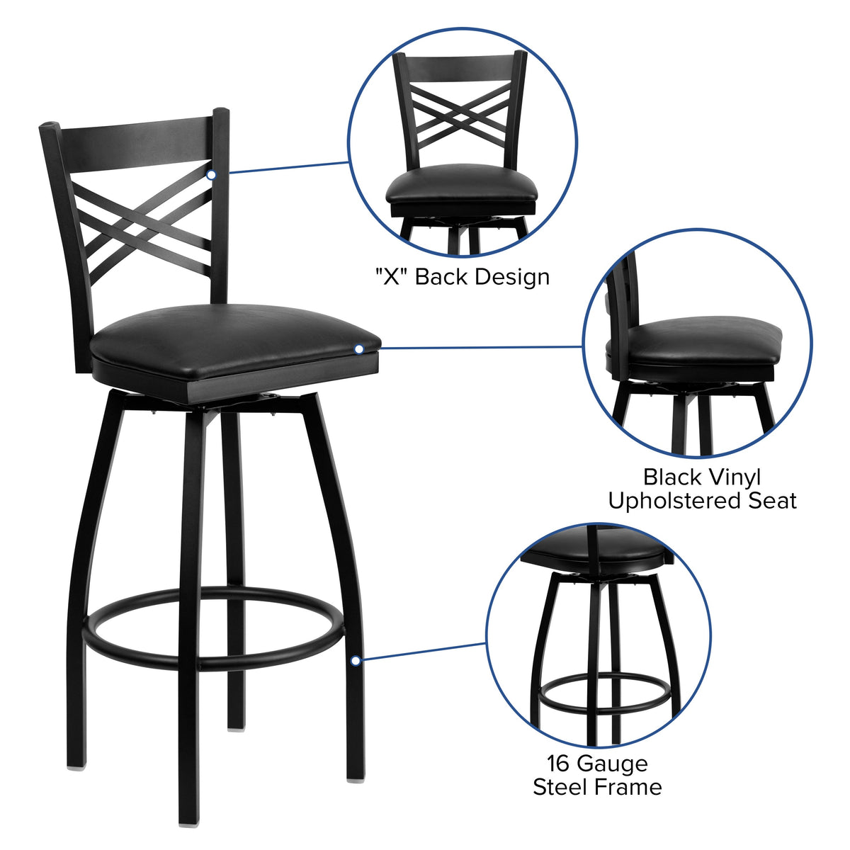 Black Vinyl Seat/Black Metal Frame |#| Black inchXinch Back Swivel Metal Barstool - Black Vinyl Seat