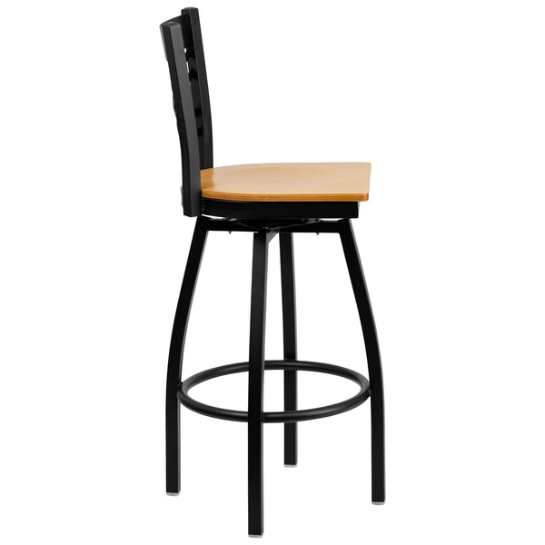 Natural Wood Seat/Black Metal Frame |#| Black inchXinch Back Swivel Metal Barstool - Natural Wood Seat