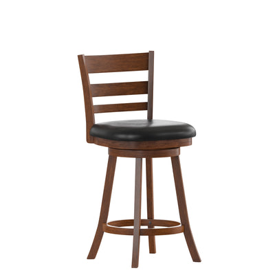 Zerrick Commercial Grade Wood Classic Ladderback Swivel Counter Height Barstool with Padded, Upholstered Seat
