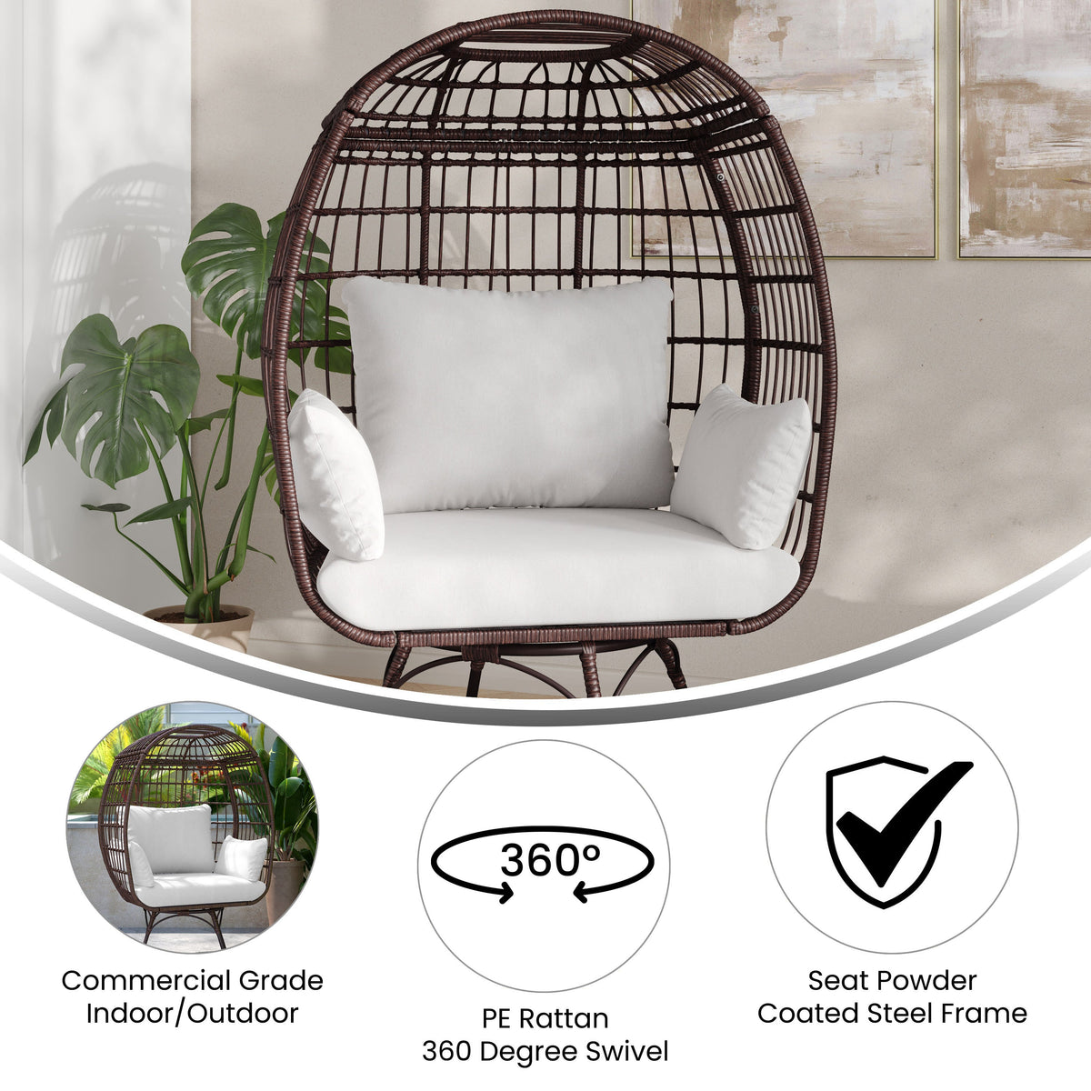 Cream Cushions/Brown Frame |#| Commercial Indoor/Outdoor Wicker Swivel Lounge Chair with 4 Cushions in Brn/Crm